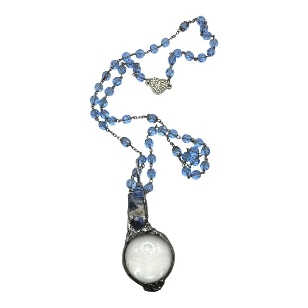 Natural Blue Opal & Magnifying Glass Silver Blend  Glass Beaded Artisan Necklace - Picture 5 of 12